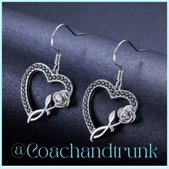 Sterling Silver French Hook Channel Set Black Spinel Heart and Rose Earrings - Picture 2 of 5